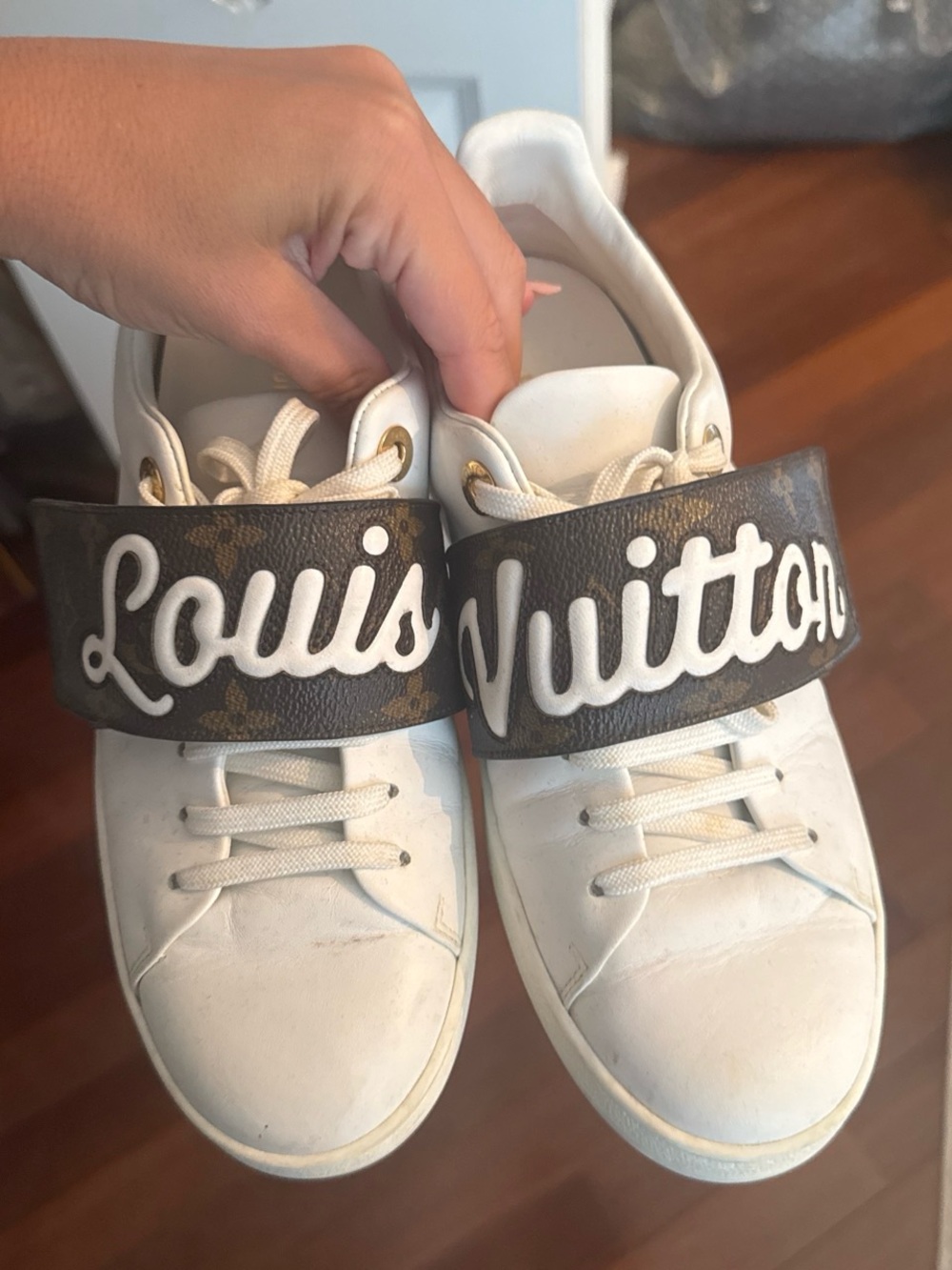 Louis Vuitton White and Brown Monogram Strap Sneakers